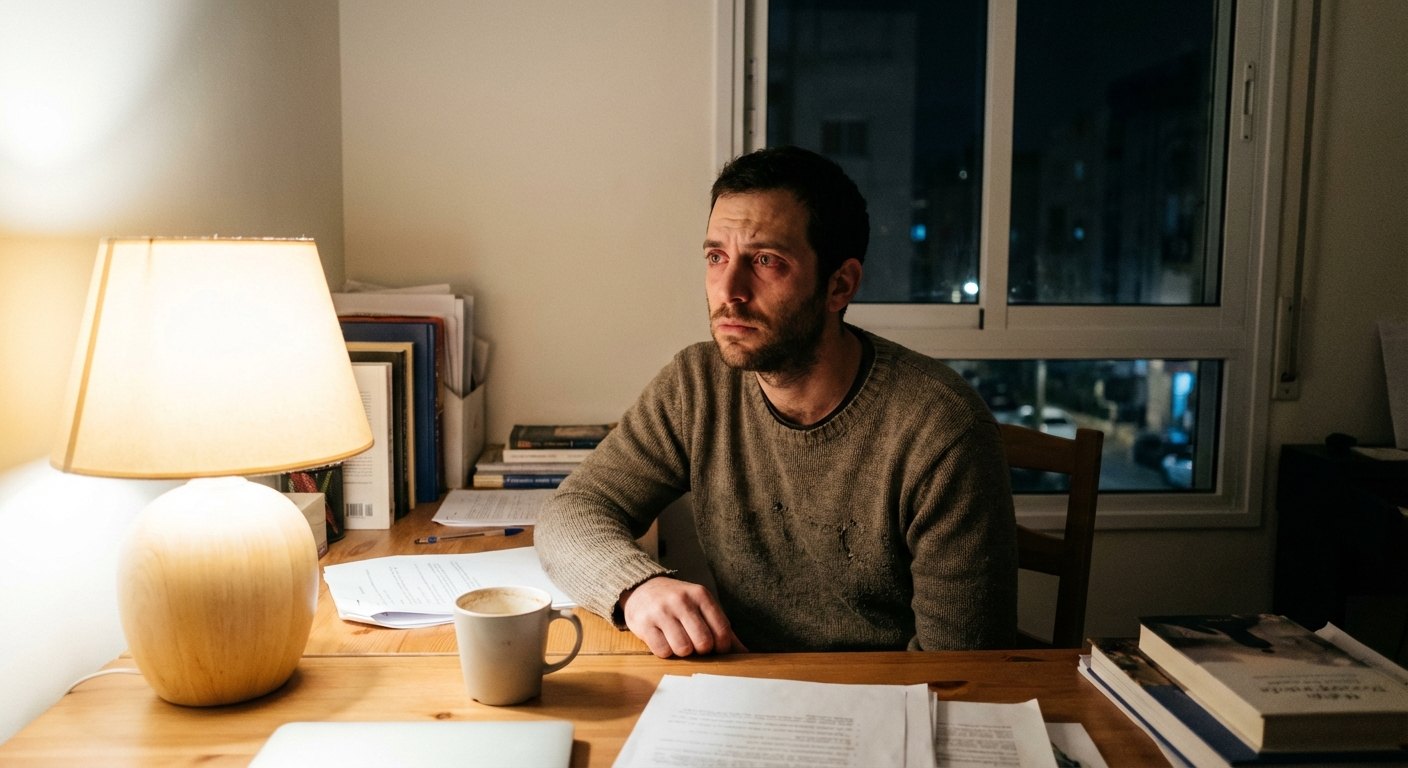 אדם ישראלי צעיר יושב ליד שולחן עבודה בלילה, מביט קדימה בעיניים פקוחות, אור מנורה רך, תחושת לופ מחשבתי