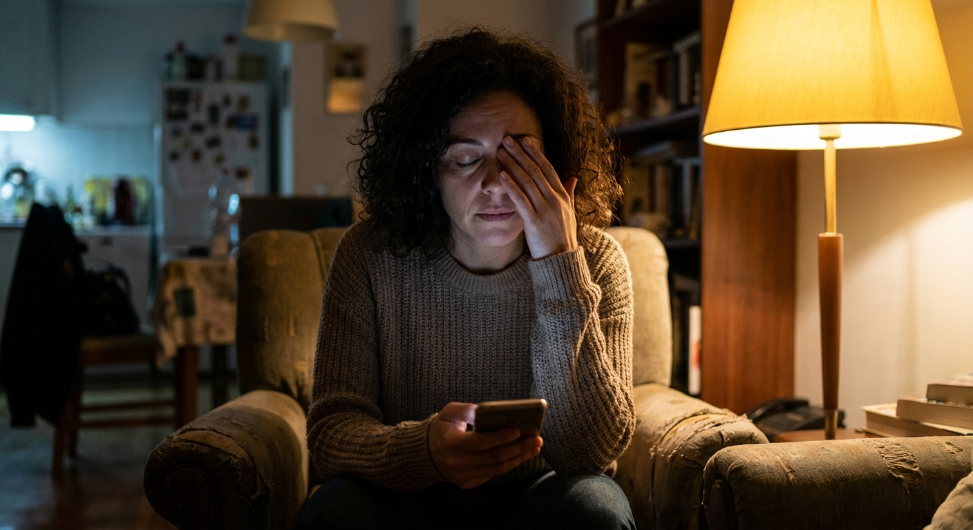 אישה ישראלית יושבת בבית עם טלפון ביד, מביטה במסך ואז עוצרת לנשום לפני שהיא כותבת