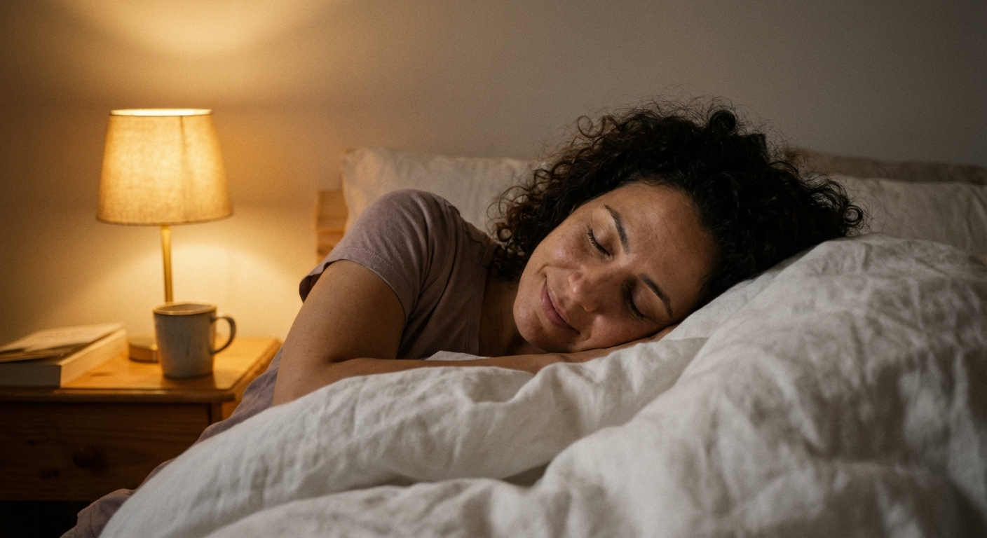 אישה ישראלית שוכבת במיטה בתאורה עמומה, עיניים עצומות, פנים רגועות