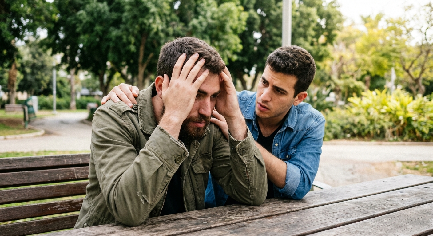 שני חברים ישראליים יושבים על ספסל בפארק, אחד מקשיב לשני בתשומת לב, אור יום רך