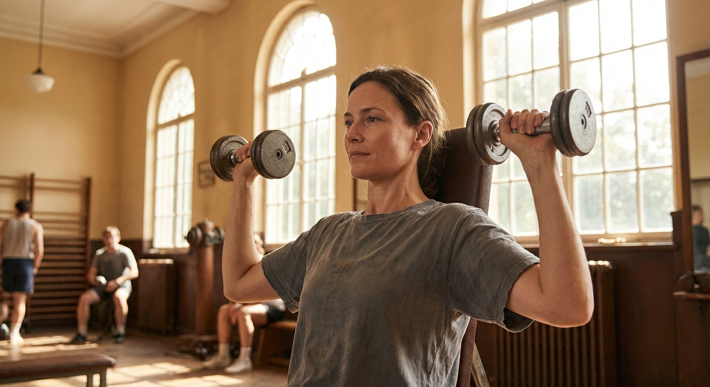 אדם מתאמן עם משקולות באור טבעי, חדר כושר פתוח עם חלון גדול