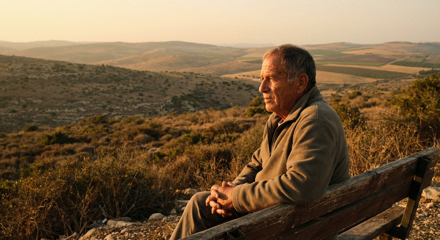 אדם יושב לבד על ספסל מול נוף ישראלי פתוח, מביט קדימה בשקט עם ידיים שלובות