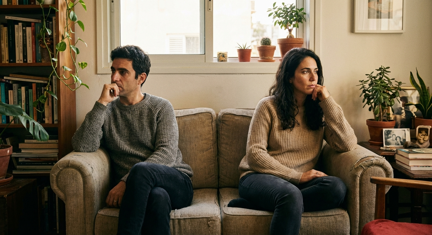 זוג ישראלי יושב על ספה עם מרחק קטן ביניהם, אור חם, מבטים מהורהרים, סלון ביתי