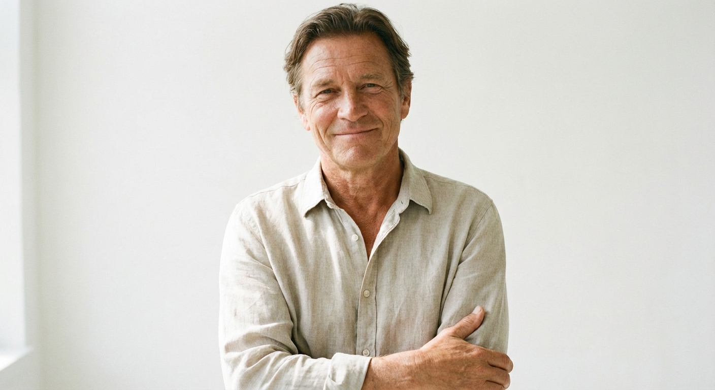 אדם עומד ברוגע עם ידיים שלובות, מבט ברור ורגוע, רקע מינימלי