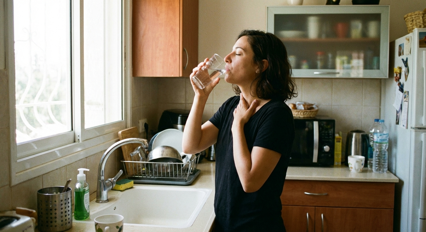 אישה ישראלית צעירה עומדת במטבח, יד עדינה על הגרון, לוגמת מים ונושמת לאט
