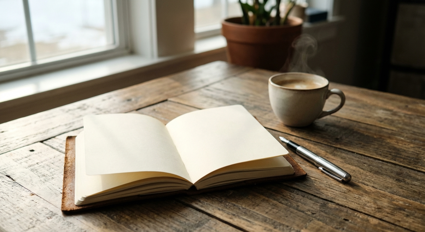 מחברת פתוחה ועט על שולחן עם כוס קפה, אור בוקר טבעי, אווירה רגועה