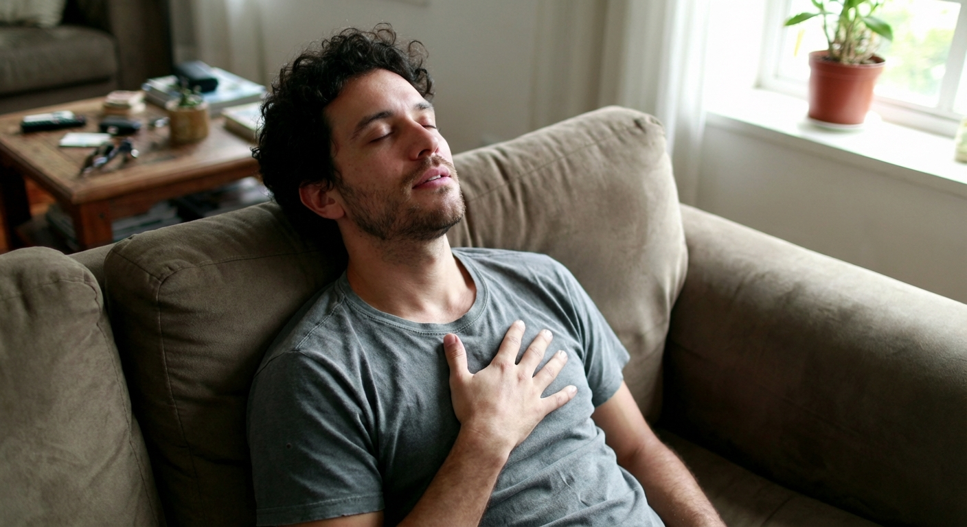 גבר ישראלי צעיר יושב בסלון, יד על החזה, עיניים עצומות, נושם לאט ומוריד דופק