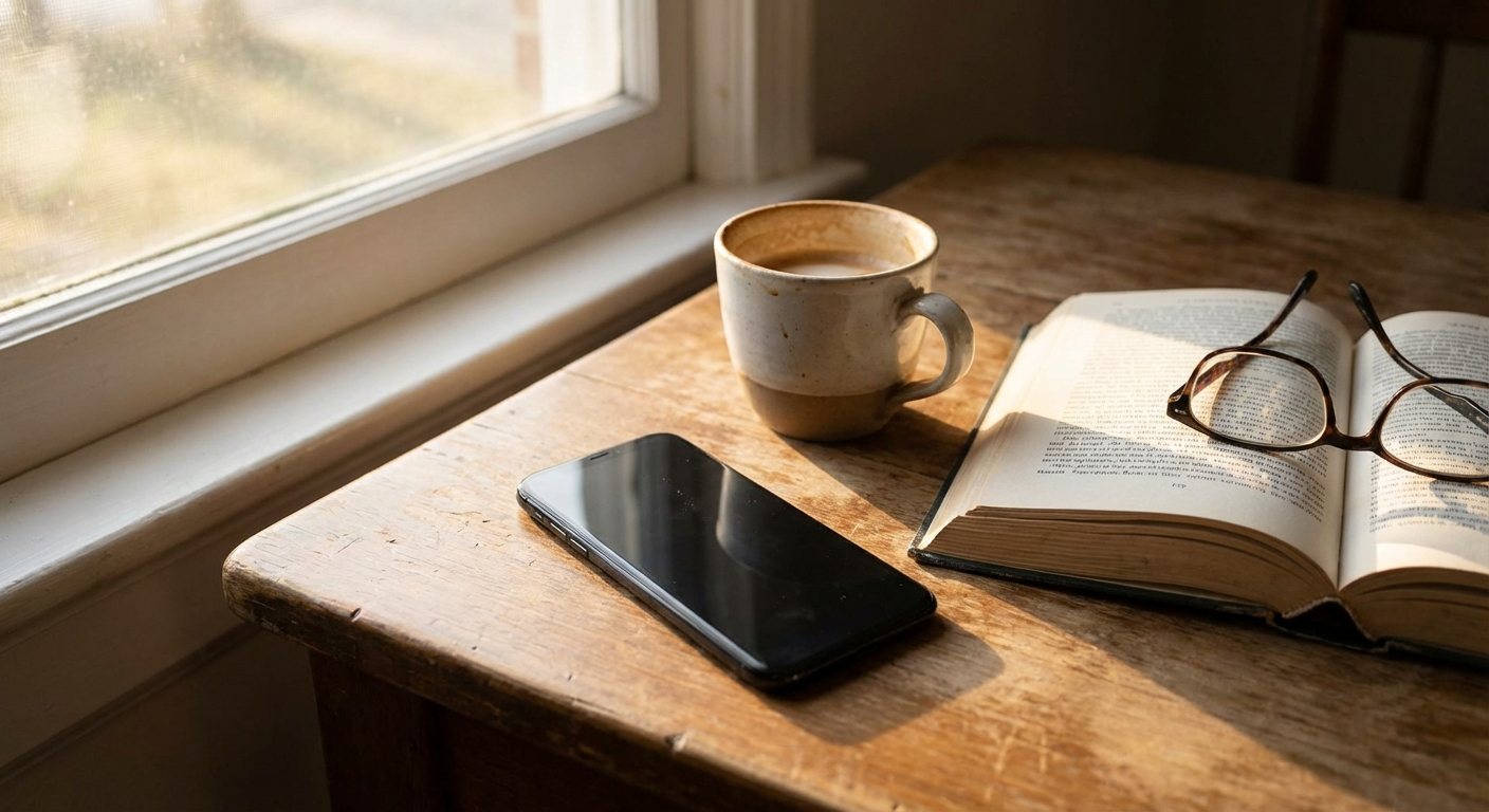 טלפון נייד מונח על שולחן עם פנים כלפי מטה, ליד ספל קפה וספר פתוח, אור בוקר טבעי