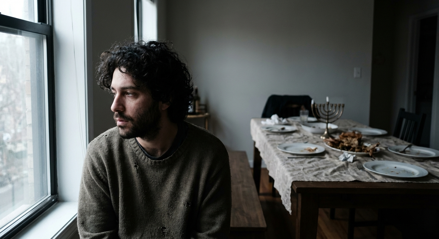 אדם ישראלי יושב ליד חלון בדירה שקטה לאחר החגים, מבט מהורהר, אור טבעי רך