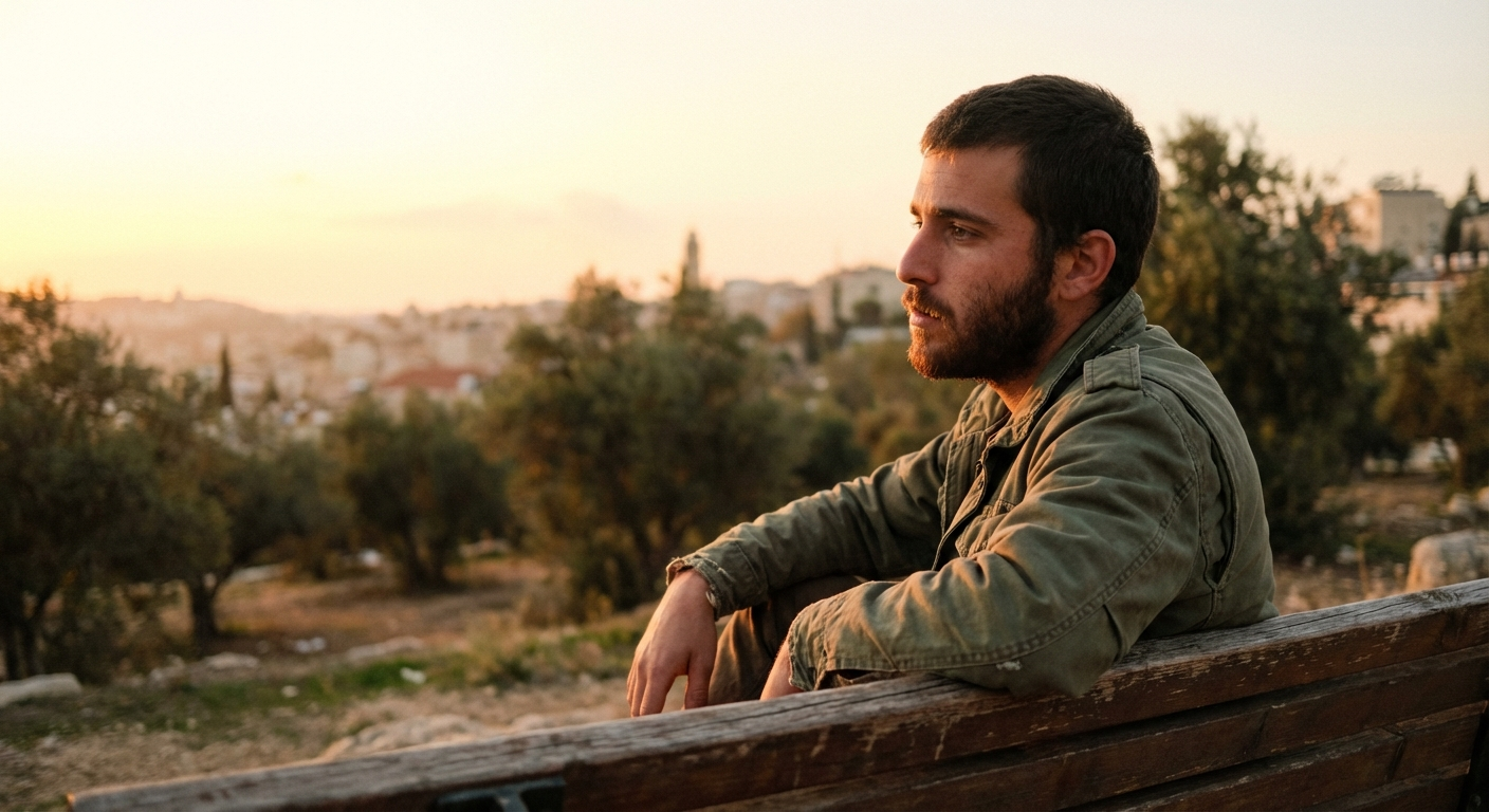 חייל ישראלי משוחרר יושב על ספסל לבד ומביט לאופק, תאורה רכה של שקיעה