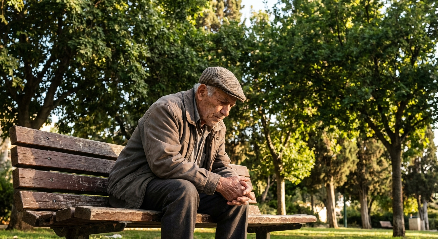 אדם מבוגר יושב בפארק על ספסל, מבט מהורהר, אור אחר צהריים חם