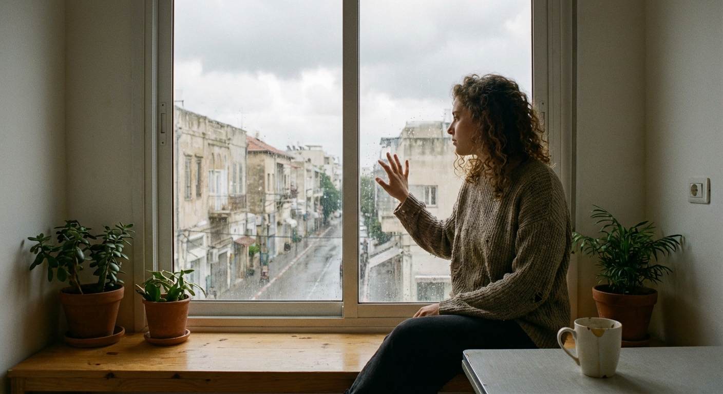 אדם צעיר יושב ליד חלון עם אור אפרורי, מבט מהורהר כלפי חוץ, גוון רך וטבעי