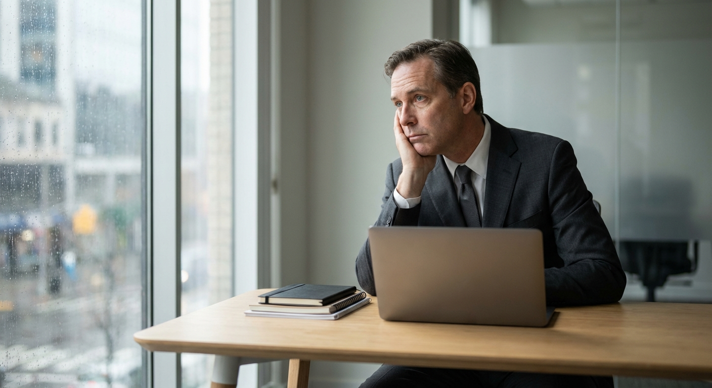 אדם בחליפה יושב ליד שולחן עבודה מסודר, מביט מהחלון בעיניים עייפות