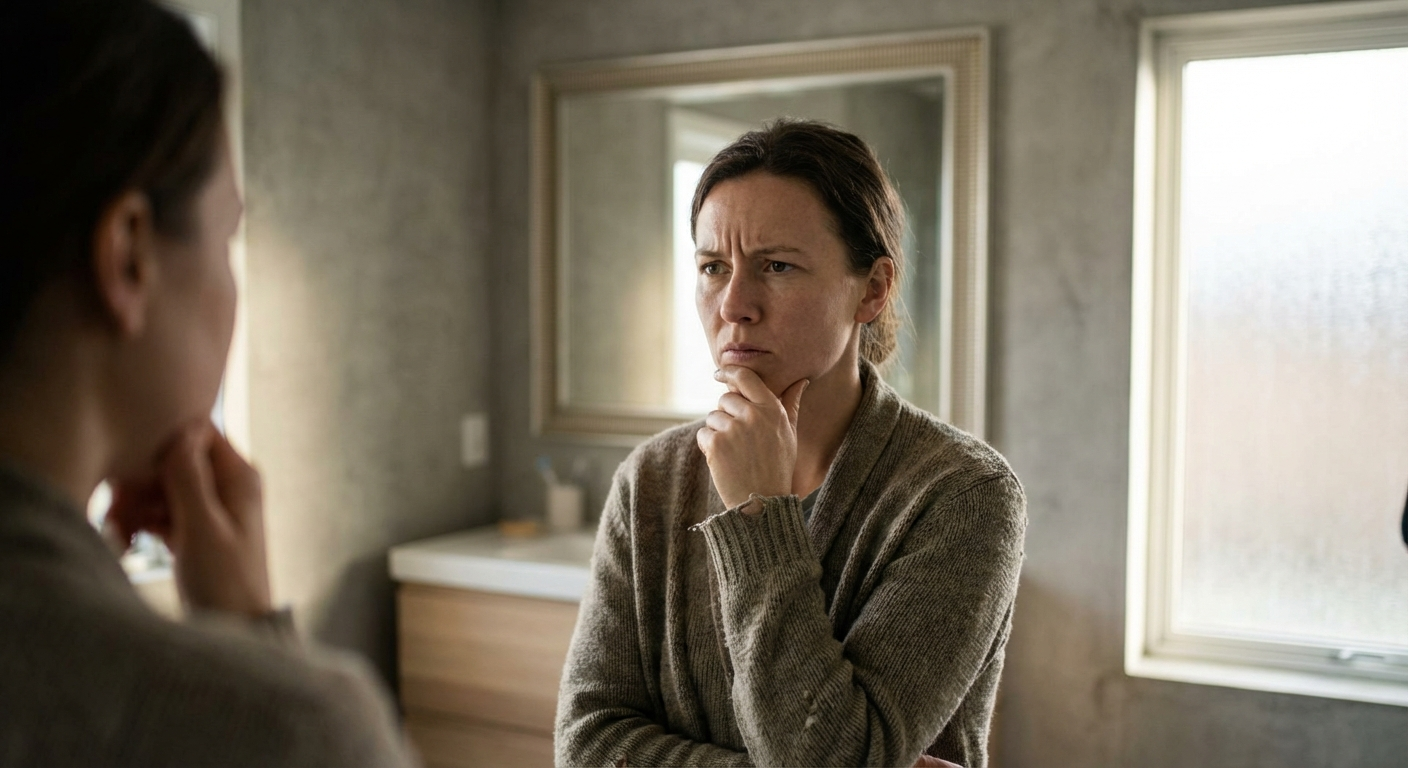 אדם עומד מול מראה עם הבעה מהורהרת, אור טבעי רך