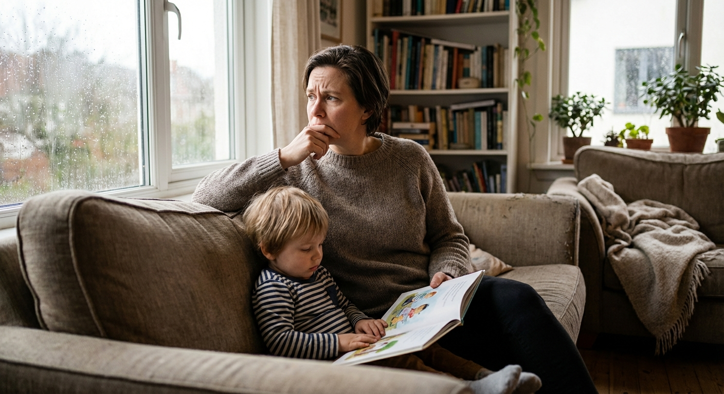 הורה יושב עם ילד על ספה, מביט מהחלון בדאגה, תאורה טבעית רכה