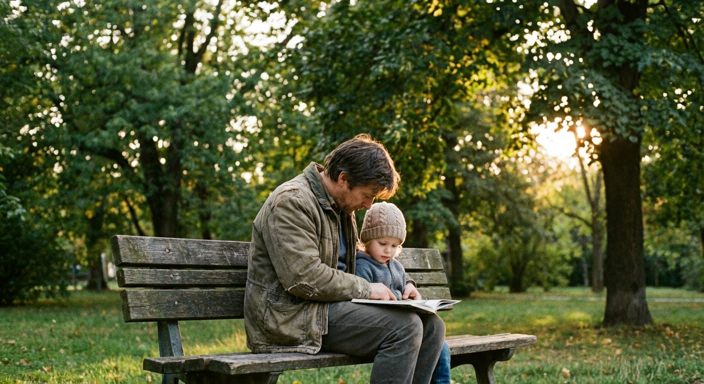 הורה וילד יושבים על ספסל בגינה ציבורית עם עצים ירוקים, אור שקט ורך