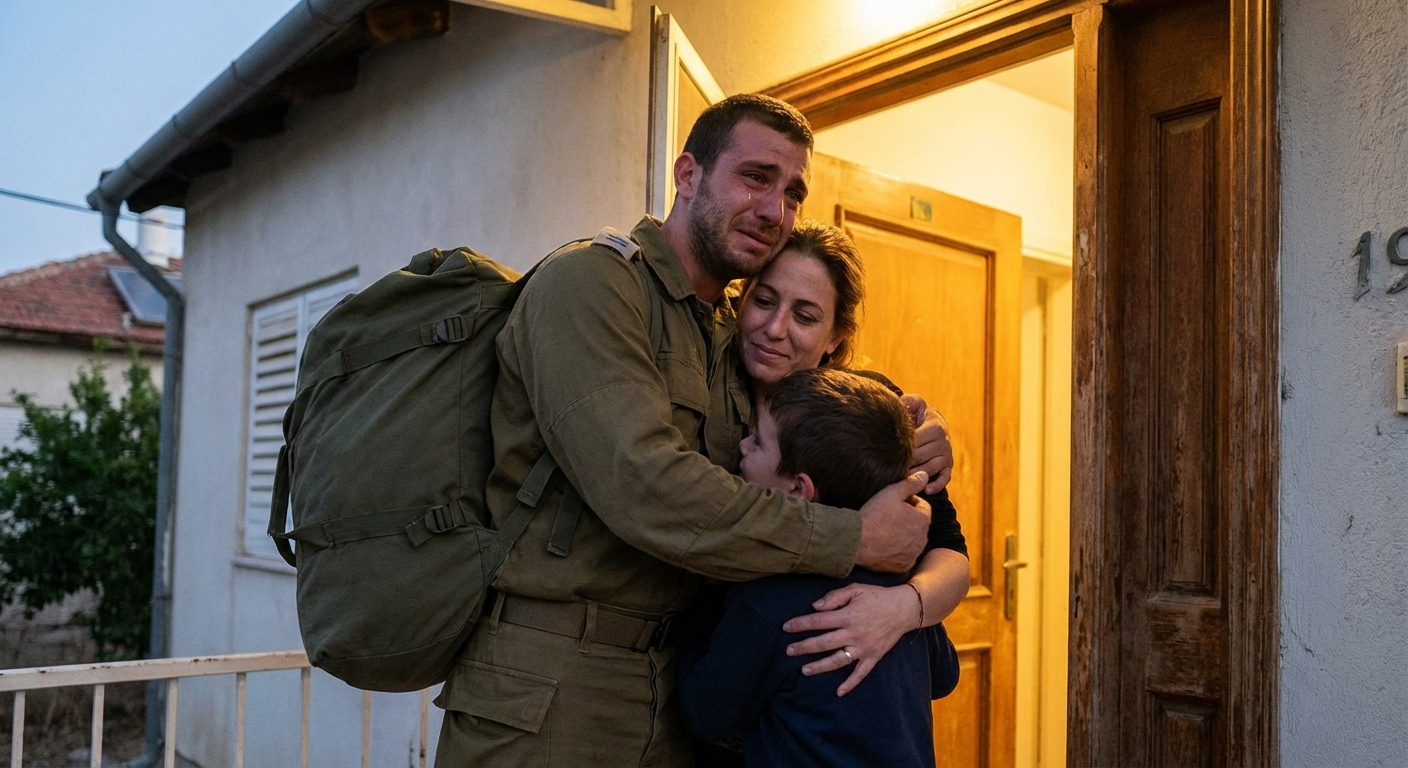 חייל מילואים ישראלי חוזר הביתה עם תיק צבאי, עומד בכניסה לבית, אור חם מבפנים