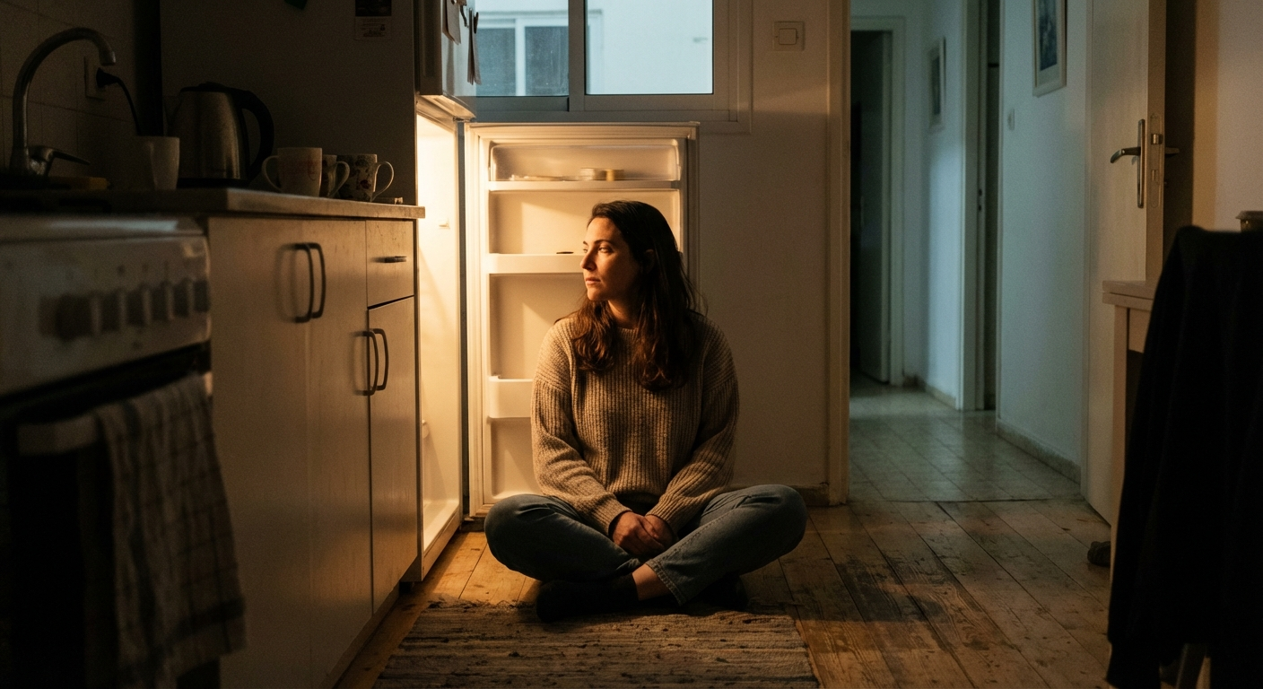 אישה ישראלית צעירה יושבת במטבח בלילה ליד מקרר פתוח, מבט מהורהר, תאורה רכה