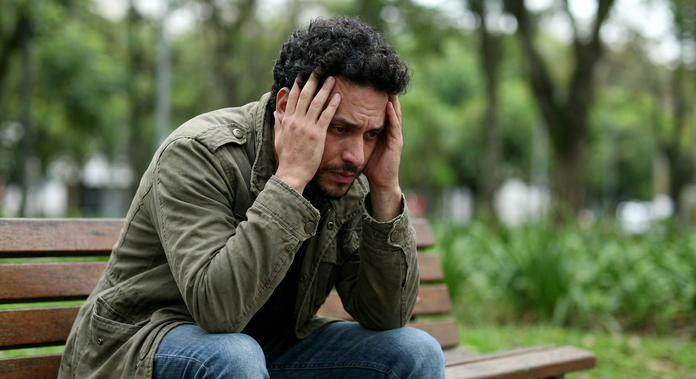 גבר ישראלי בשנות ה-30 יושב על ספסל בפארק, מבט מודאג, רקע ירוק מטושטש, אור יום רך