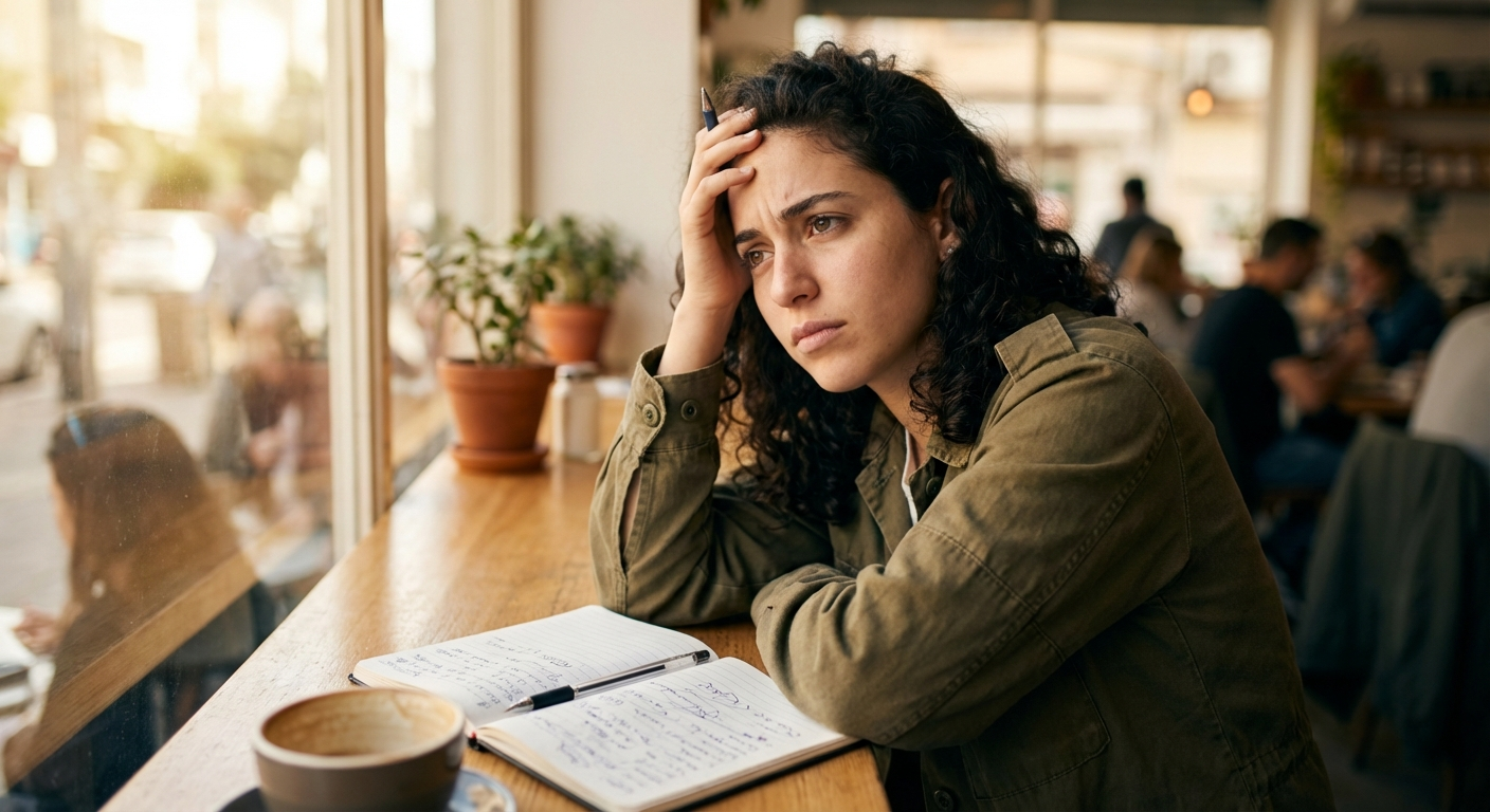 אדם ישראלי צעיר יושב בבית קפה עם מחברת פתוחה ועט ביד אבל מסתכל מבולבל לצד, מחשבות רבות