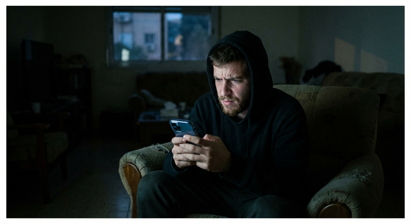 צעיר ישראלי יושב בחדר ומסתכל בטלפון עם מבט מתוסכל, אור מסך על הפנים בחושך