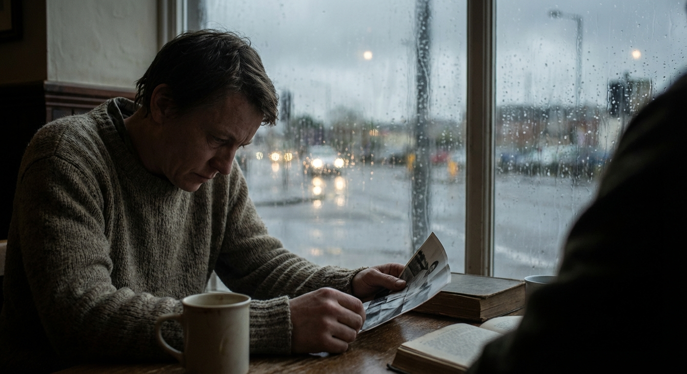 אדם יושב ליד חלון גשום מחזיק תמונה ישנה, הבעה עצובה שקטה