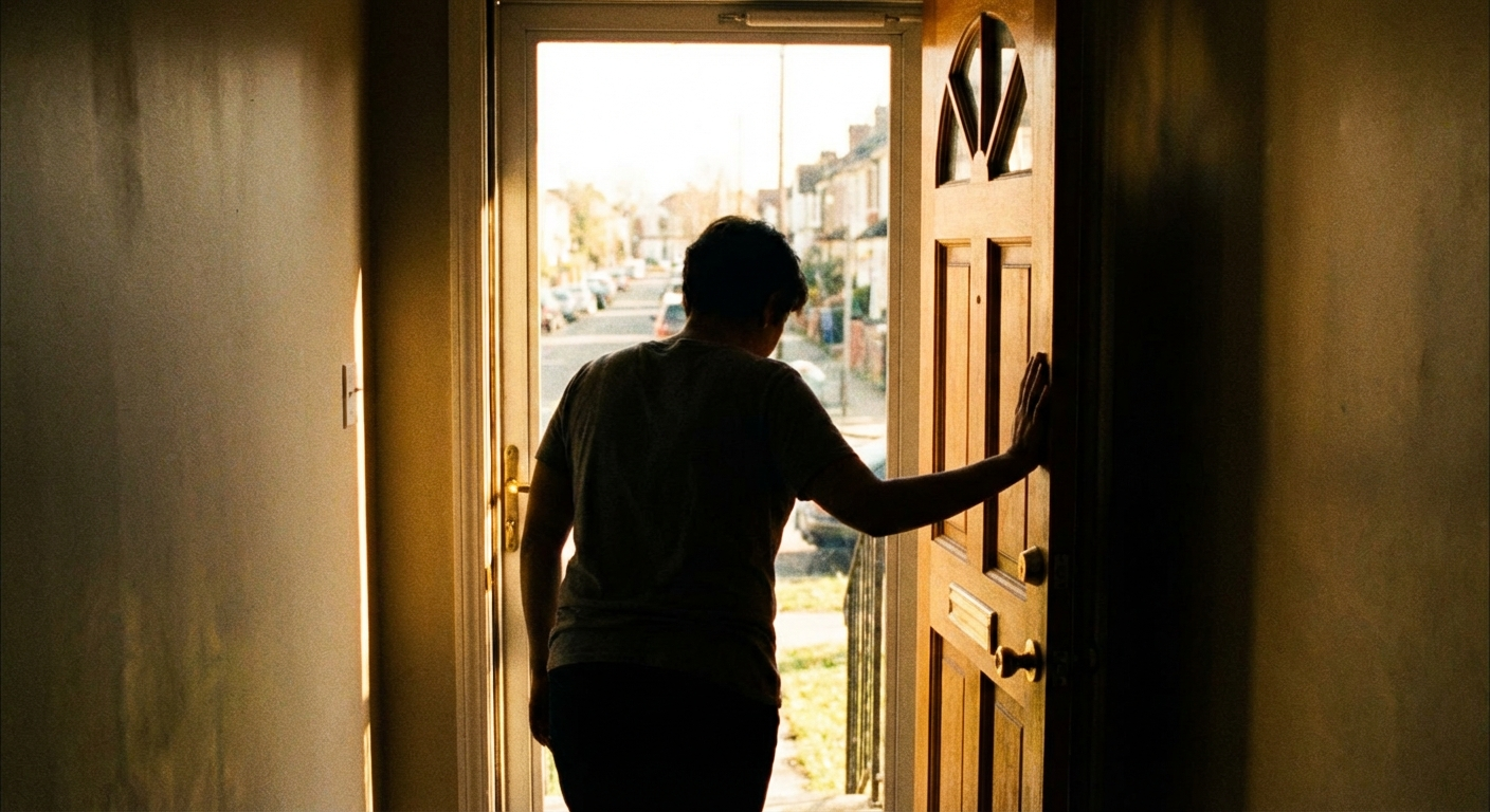 אדם עומד ליד דלת כניסה פתוחה, מביט החוצה לרחוב שטוף שמש, מהסס