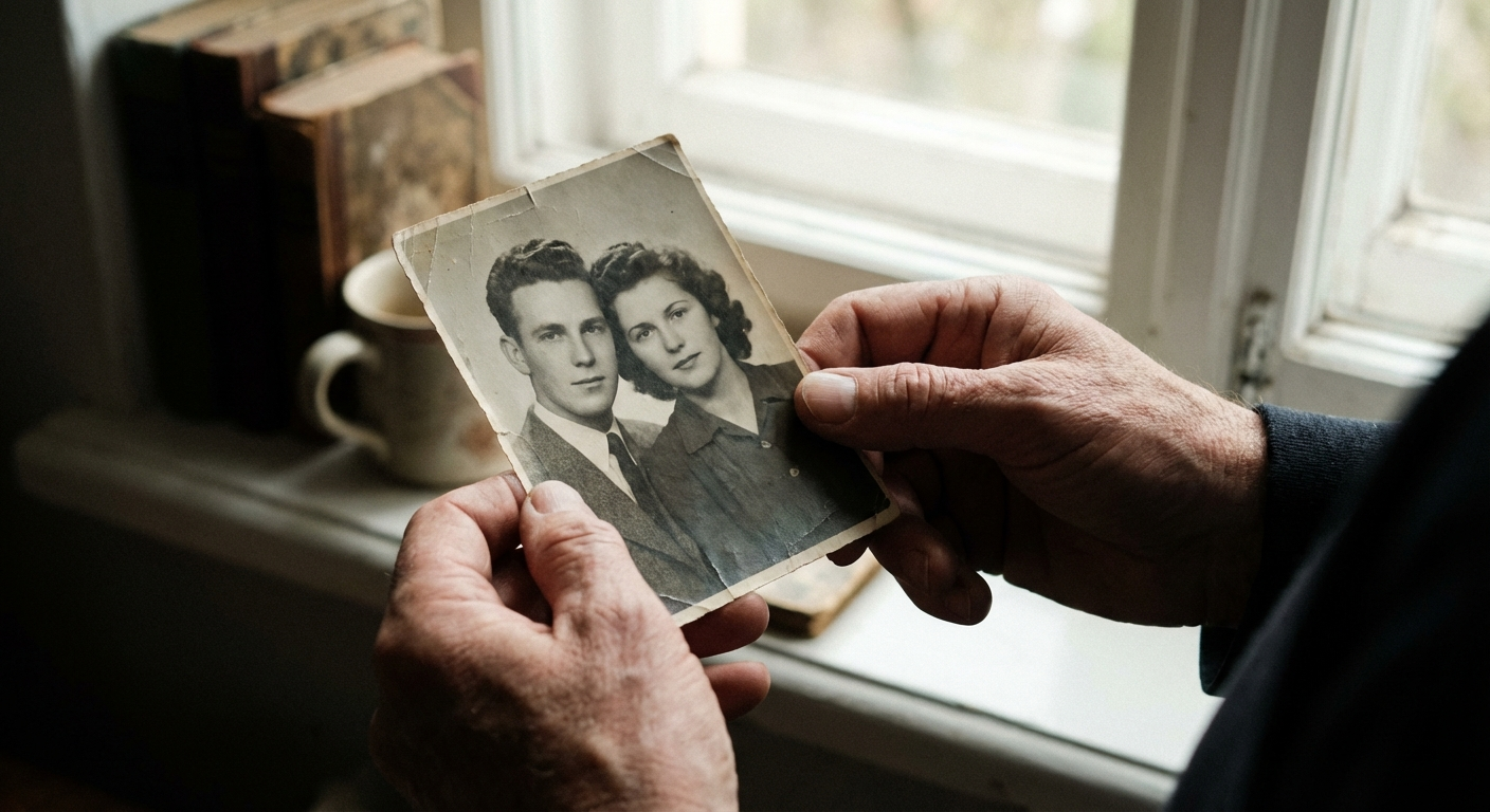 ידיים אוחזות בתמונה ישנה ליד חלון עם אור רך, אווירה שקטה ומהורהרת