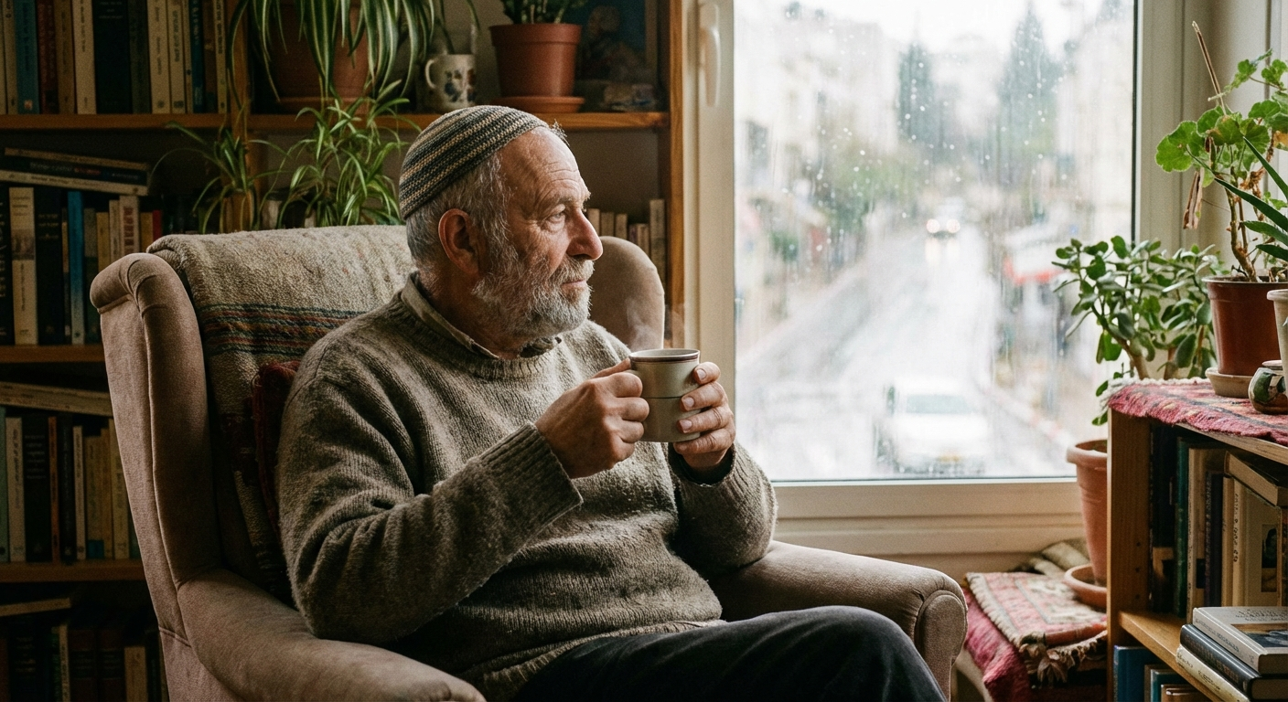 אדם מבוגר ישראלי יושב ליד חלון בבית, מסתכל החוצה עם כוס תה, תאורה רכה חמה