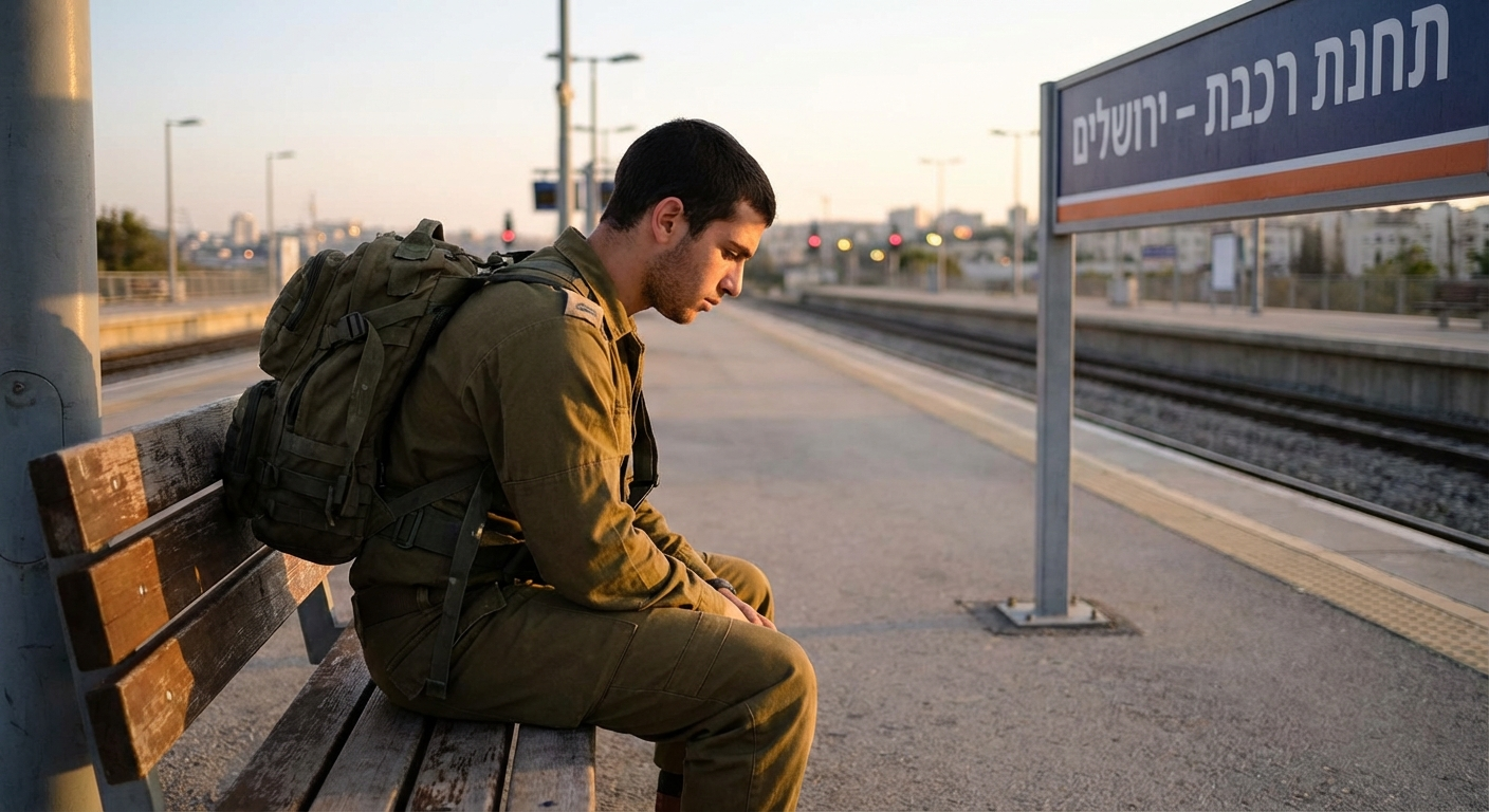 חייל צעיר יושב על ספסל בתחנת רכבת ריקה בישראל עם תיק גב