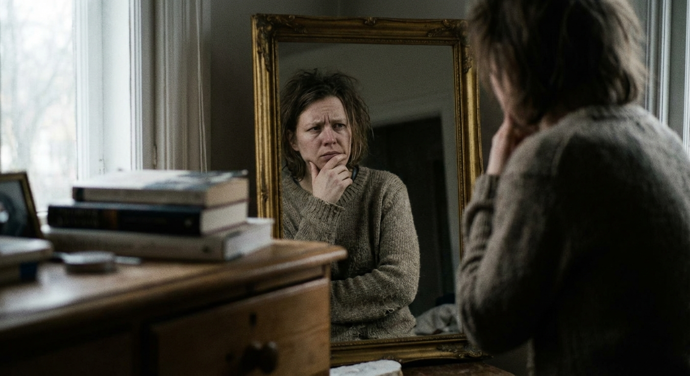 אדם מסתכל במראה עם הבעת ביקורת וספק עצמי, תאורה רכה