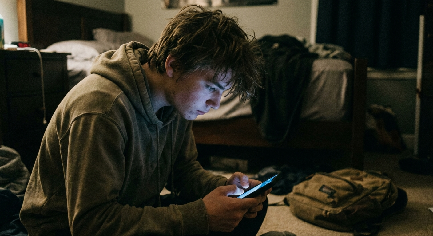 מתבגר יושב עם טלפון ביד, מביט במסך בעצב, חדר חשוך עם אור מהמסך בלבד