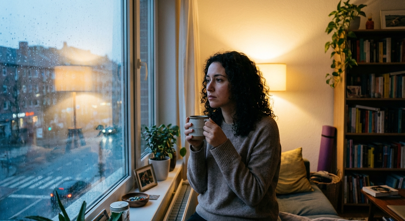 אישה ישראלית יושבת ליד חלון בערב, מחזיקה ספל, מבט מהורהר ועצוב