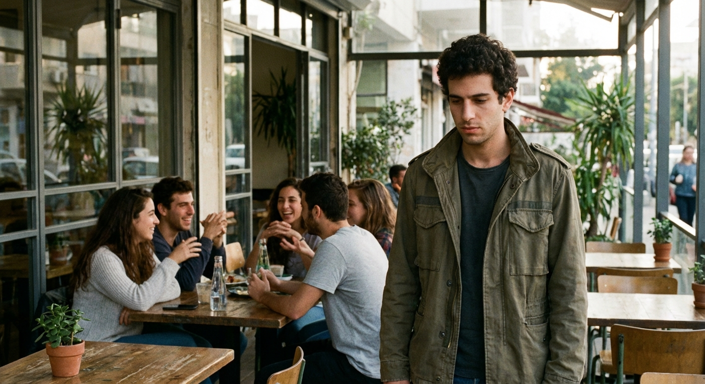 צעיר ישראלי עומד בצד בזמן שקבוצת חברים מדברים ברקע