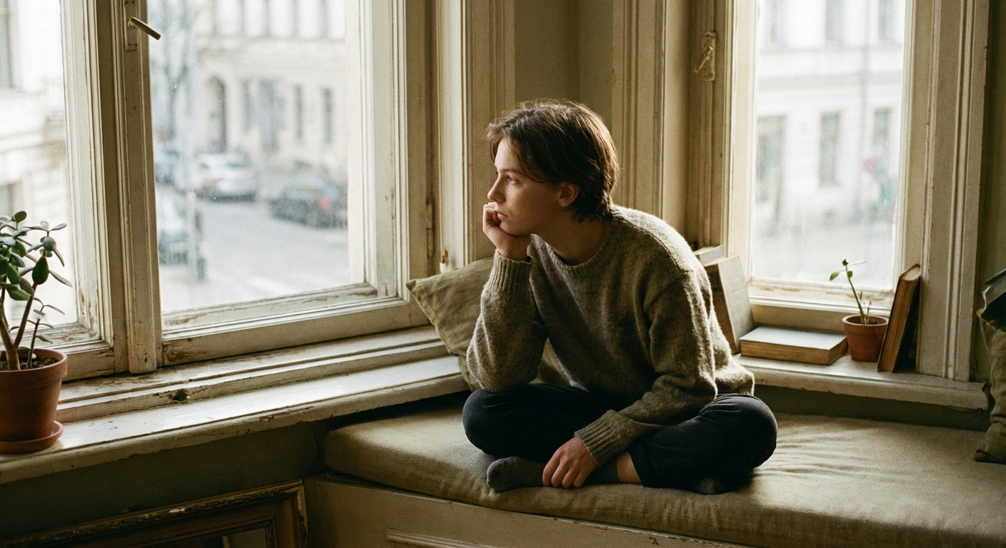 אדם צעיר יושב מול חלון, מביט החוצה עם הבעה מהורהרת, תאורה רכה