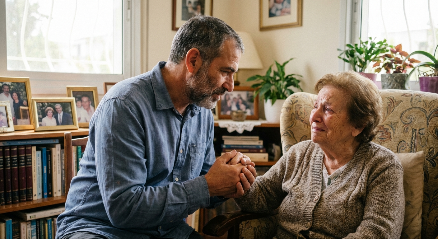 בן או בת בוגרים מחזיקים יד של הורה מבוגר ישראלי בסלון ביתי חם