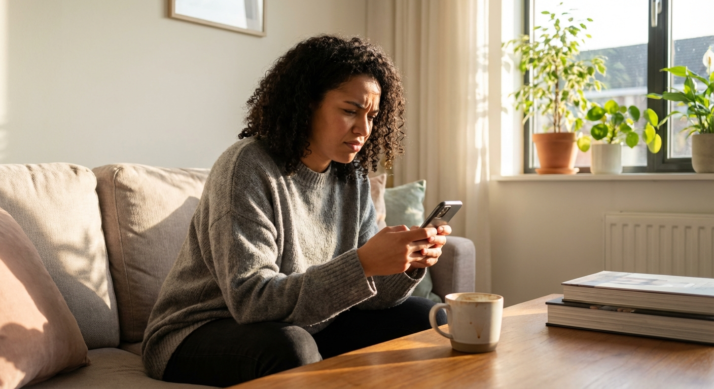 צעירה ישראלית מסתכלת בטלפון עם הבעת חוסר שביעות רצון מהשוואה
