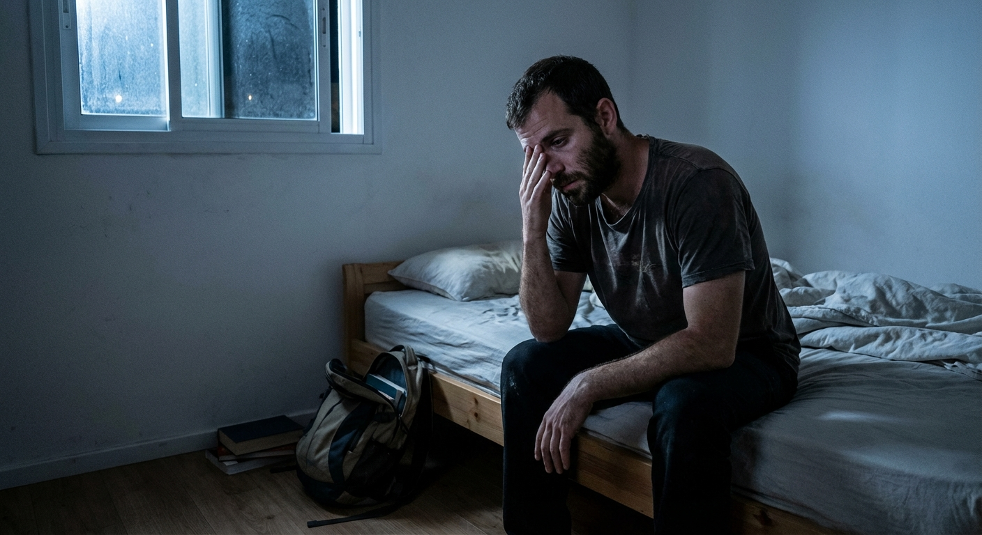 גבר ישראלי בשנות ה-30 יושב על מיטה בחושך, חלון עם אור ירח, מבט עייף ומודאג, חדר שינה ביתי