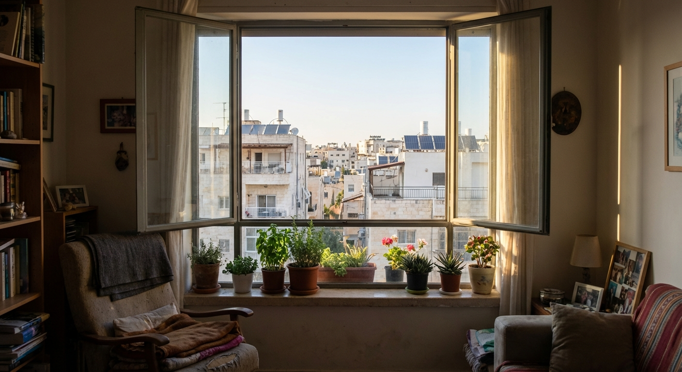 חלון פתוח בדירה ישראלית עם אור חם, צמחים על אדן החלון ושמיים שקטים בחוץ