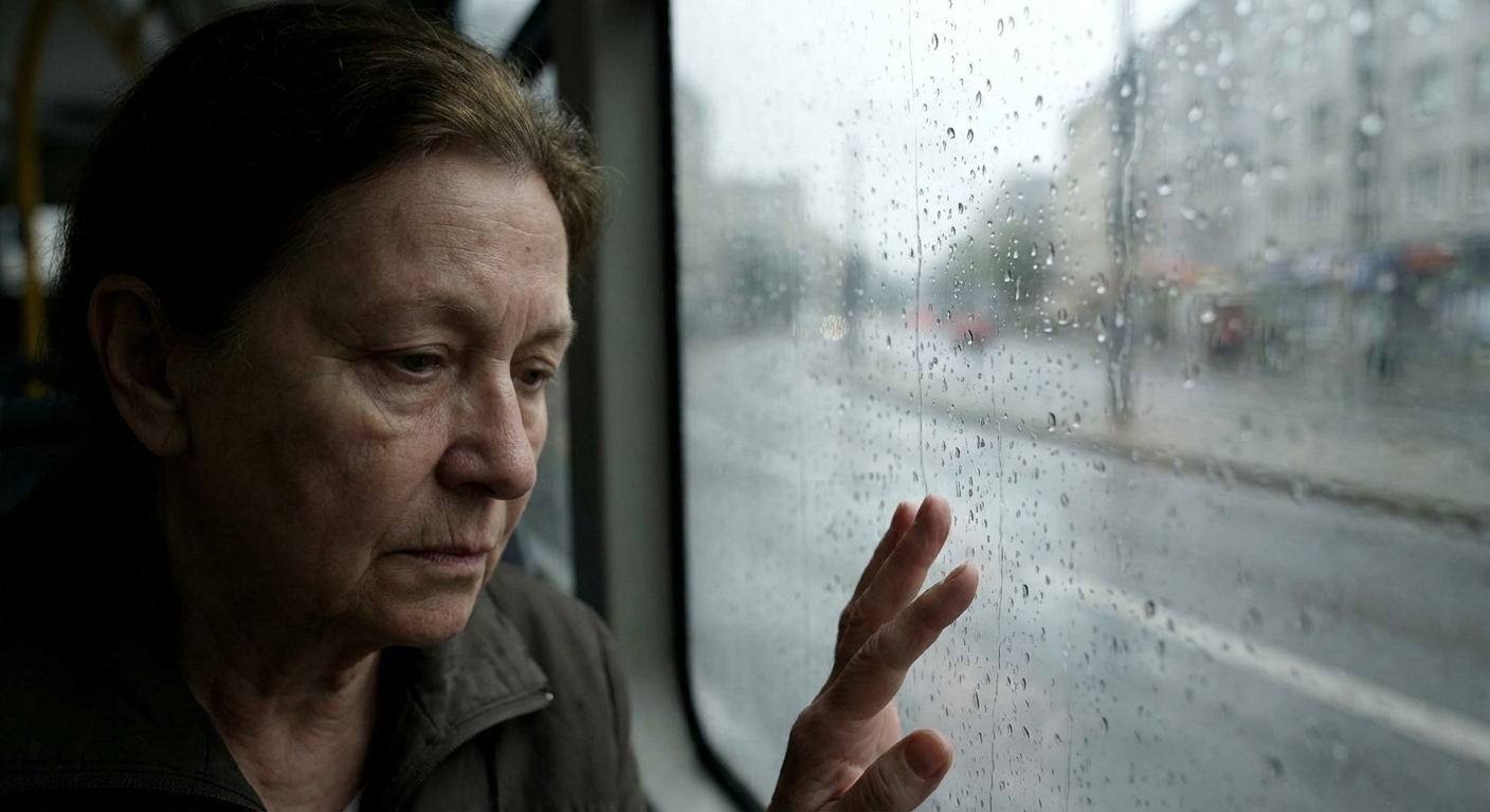 אדם מביט דרך חלון גשום, מהורהר ושקוע במחשבות על העבר