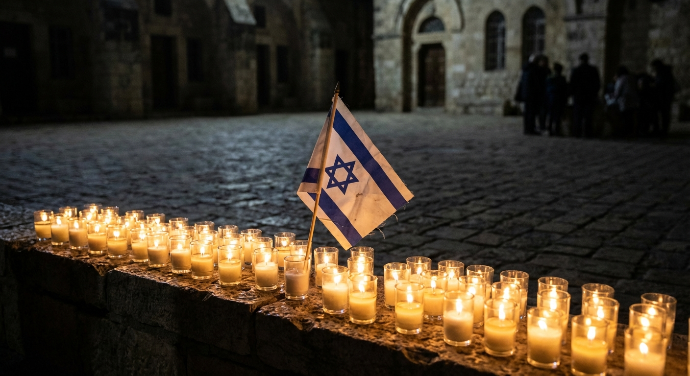 נרות זיכרון דולקים בחושך, דגלון ישראל קטן, אווירה שקטה ומכובדת