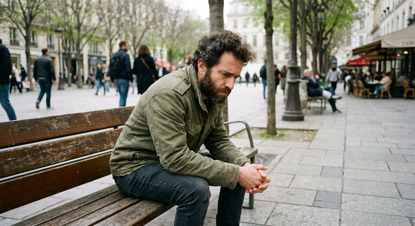 גבר ישראלי צעיר יושב על ספסל בפארק עירוני, מבט מהורהר, אור טבעי רך