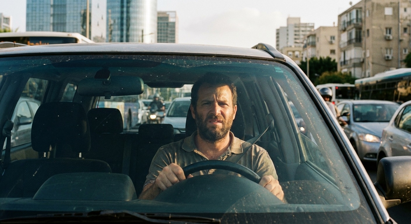 נהג ישראלי ברכב בפקק תנועה, ידיים על ההגה, מבט מתוסכל, אור יום