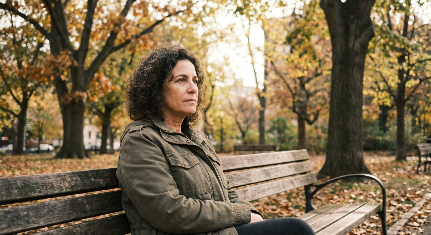 אישה ישראלית יושבת לבד על ספסל בפארק, מסתכלת קדימה עם מבט של געגוע