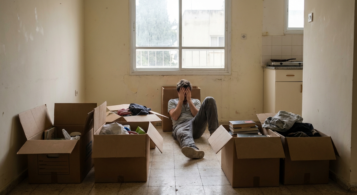 ארגזי קרטון פתוחים בדירה ריקה עם אור טבעי מהחלון, אדם יושב על הרצפה ביניהם