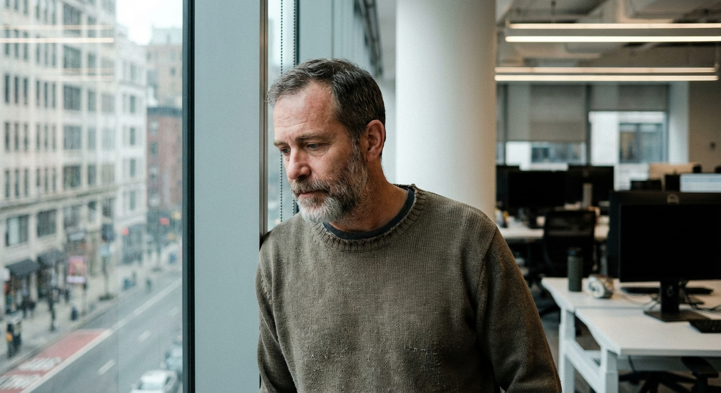 גבר ישראלי בשנות ה-40 מסתכל מחלון משרד, מבט מהורהר, תאורה טבעית