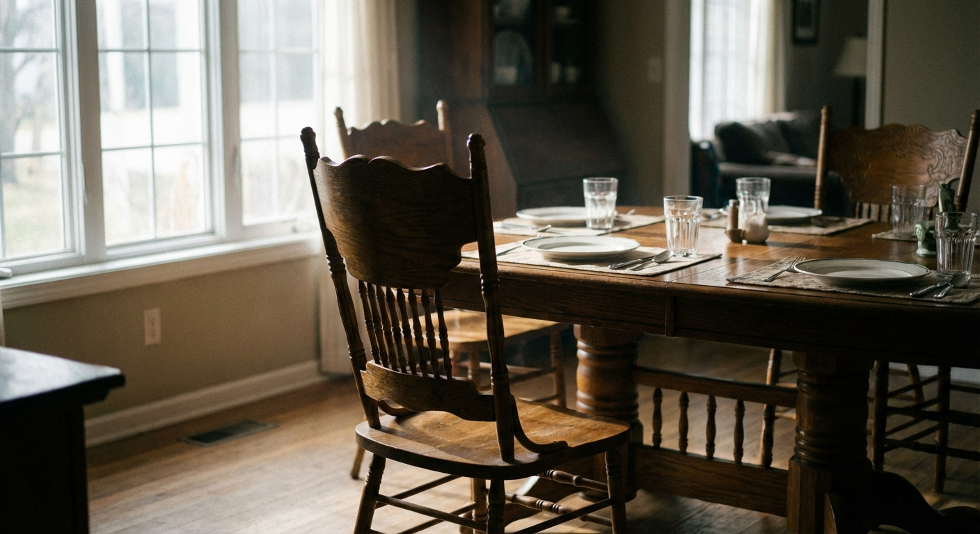 כיסא ריק ליד שולחן אוכל משפחתי, כלים ערוכים, תחושת היעדרות