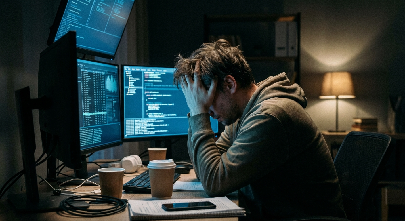 אדם יושב מול מספר מסכים, מחזיק את הראש, ביטוי עמוס ומותש