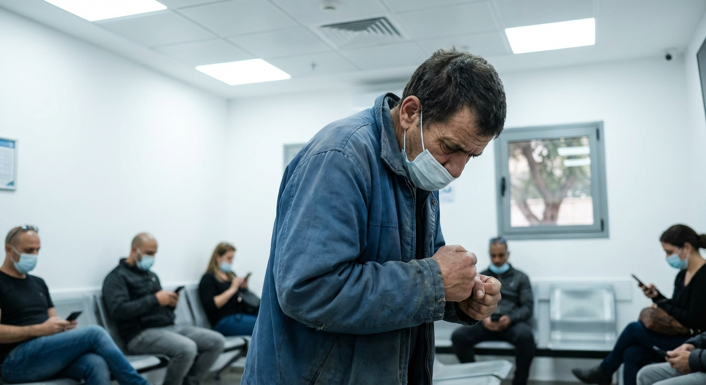 אדם יושב בחדר המתנה של מרפאה ישראלית ונראה מתוח