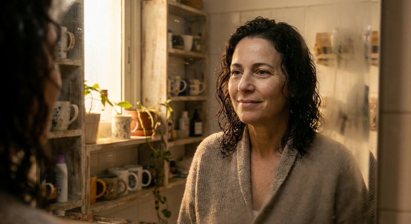 אישה ישראלית בת 40 עומדת מול מראה באור בוקר רך, מביטה בעצמה בשלום